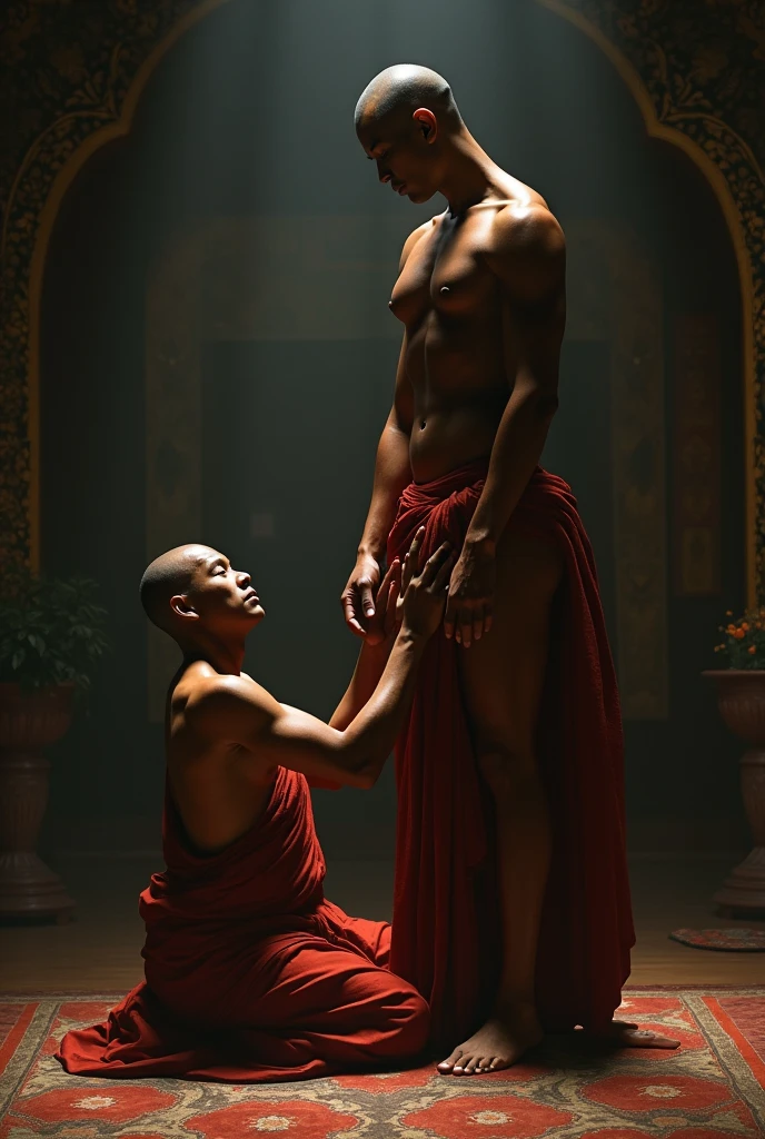 Tibetan monk worshipping the feet of a dark black skin naked powerful athletic woman posing sensual, much light on her 
