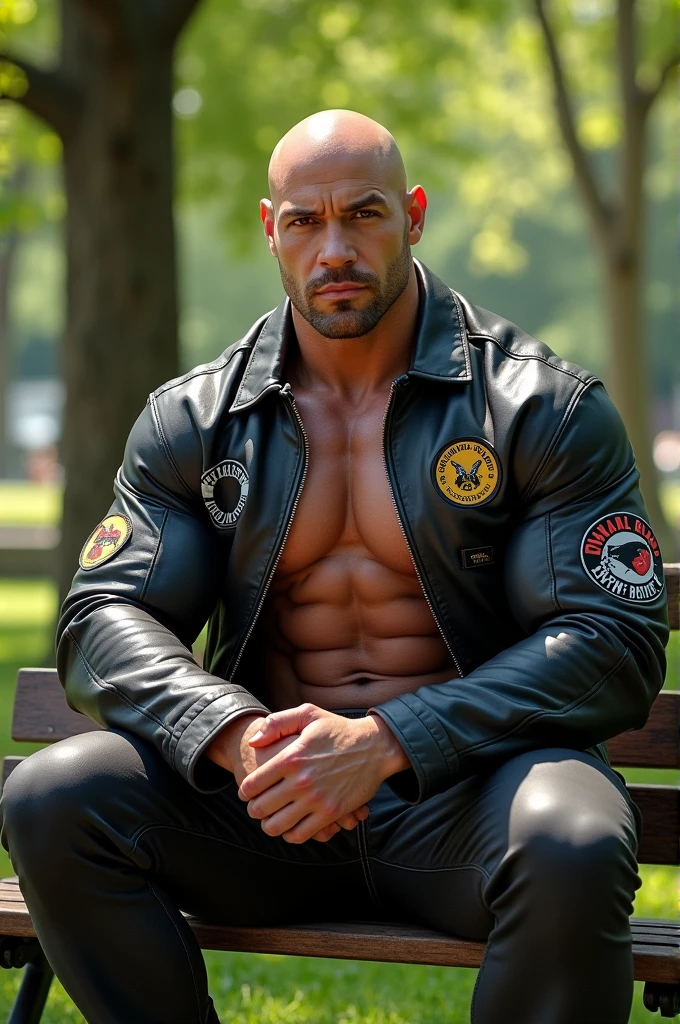 Big body builder white bald men wearing unbuttoned black leather jacket with logos in park on bench
