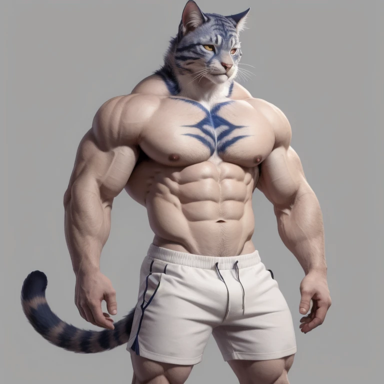 furry growth, hyper growth, hyper muscles, a cat, blue, cute cat, shirtless, white shorts, muscular, on a gray background