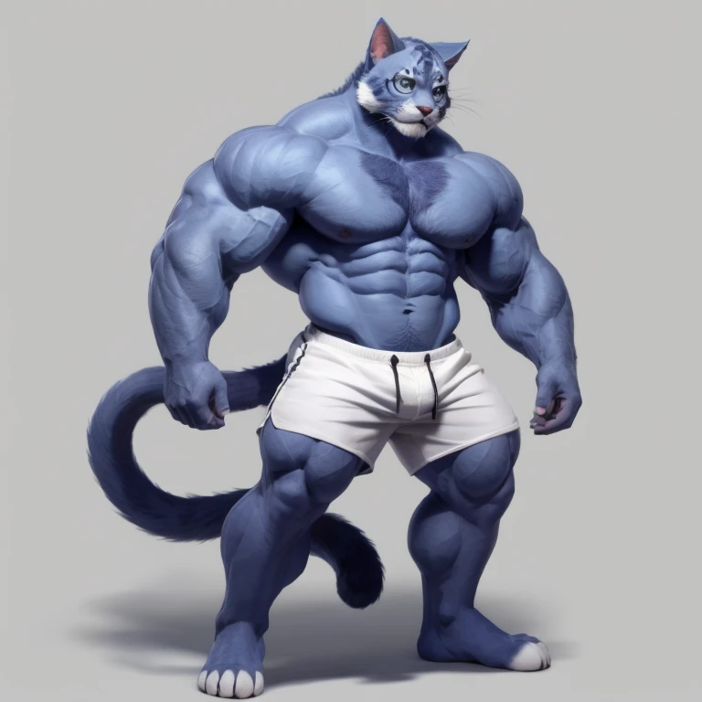 furry growth, hyper growth, hyper muscles, a cat, blue, cute cat, shirtless, white shorts, muscular, on a gray background