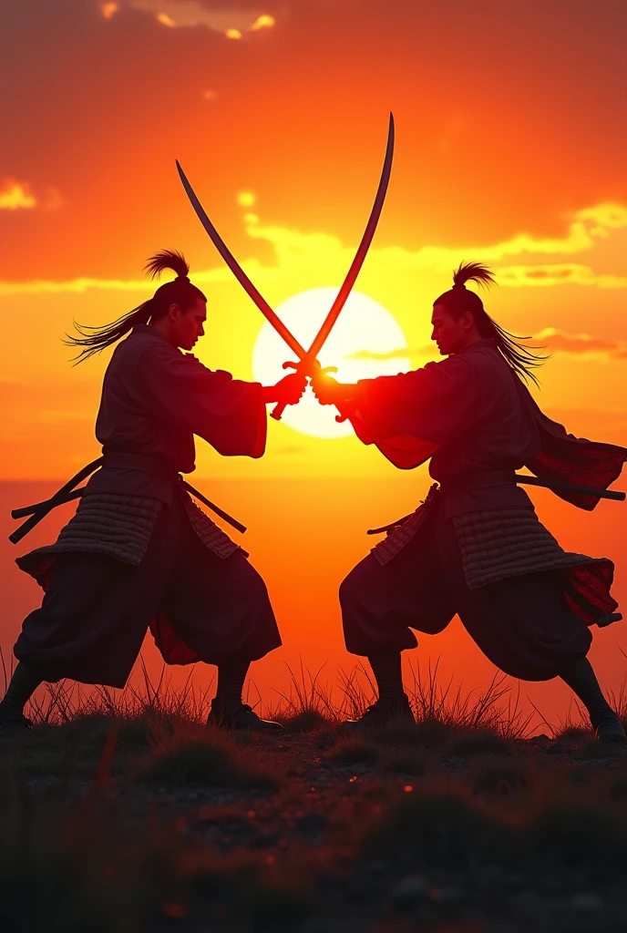Samurai Duel at Sunset: A dramatic, highly detailed image of two Samurai warriors engaged in a duel on a hilltop at sunset. The sky is ablaze with orange and red hues, and the silhouettes of the warriors are sharp against the light, their swords clashing in mid-air.