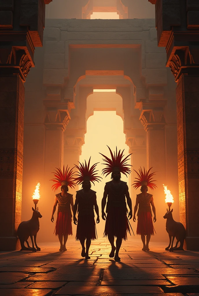 Inca warriors with feather headdresses enter the temple of the God Viracocha, There are torches in the temple, Inside the temple on its sides there are stone statues with the figure of a vicuña and a llama; On the wall of the temple there are painted figures of tocapus.