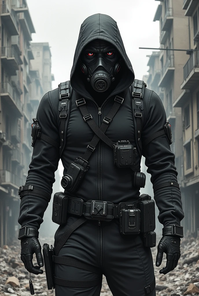 Create an anime drawing of a man wearing a gas mask and a very BADASS black outfit in a post-apocalyptic world. 