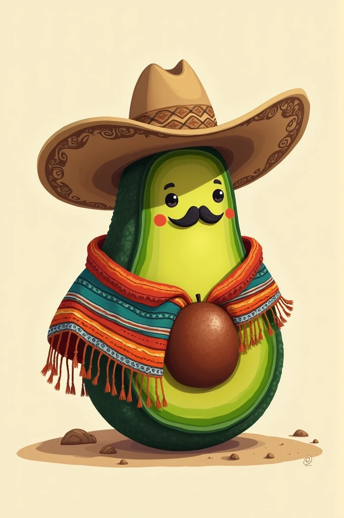 Drawing of Avocado dressed as a Chilean cowboy (hat and blanket)