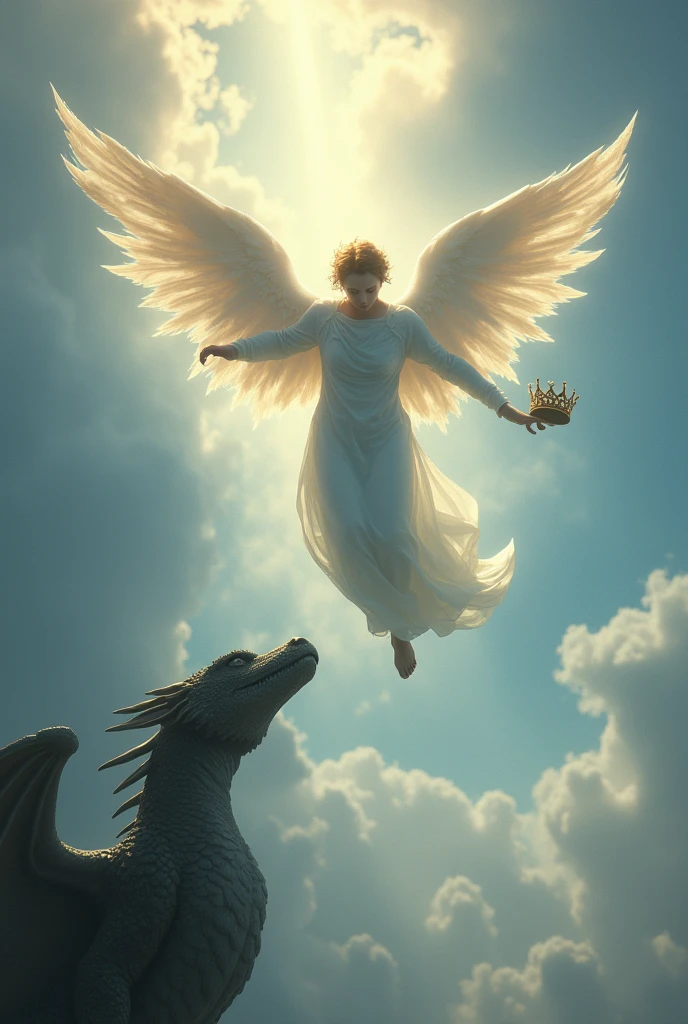 Angel falling from the sky with a crown in his hand and a dragon watching the angel fall