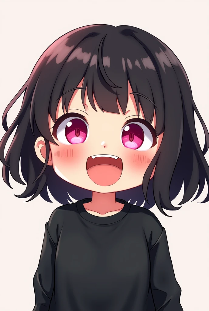 medium black hair girl with bangs, pink eyes and black sweatshirt, chibi style, laughing outrageously