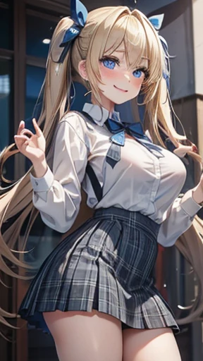 Blonde,Long twin tails,Very curled hair,Blue ribbon,Bright blue eyes,freckles,Big Breasts,ager,Gray tartan skirt, Skin-tight clothing, smile,Close one eye