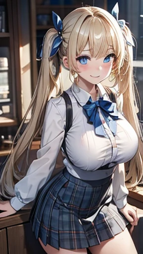 Blonde,Long twin tails,Very curled hair,Blue ribbon,Bright blue eyes,freckles,Big Breasts,ager,Gray tartan skirt, Skin-tight clothing, smile,Wink