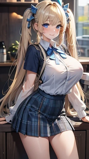 Blonde,Long twin tails,Very curled hair,Blue ribbon,Bright blue eyes,freckles,Big Breasts,ager,Gray tartan skirt, Skin-tight clothing, smile,Wink