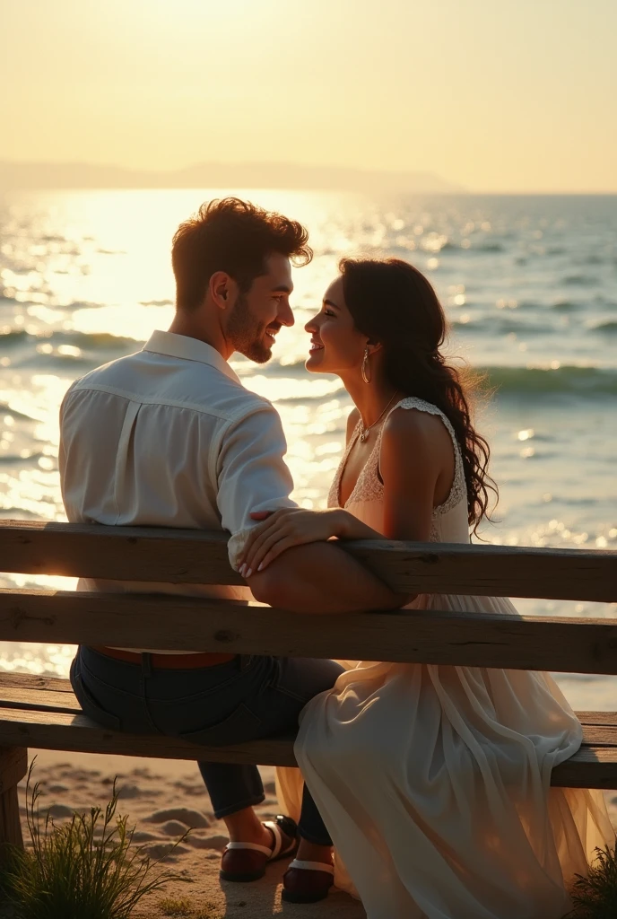 A beautiful couple sitting near the sea and romance with each other 