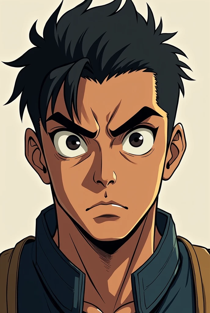 A man with warm brown skin, short black hair side part, thick eyebrows, almond-shaped dark eyes, a straight nose, full lips. He has a strong jawline and a serious, confident expression. Make it look anime from baki hanma