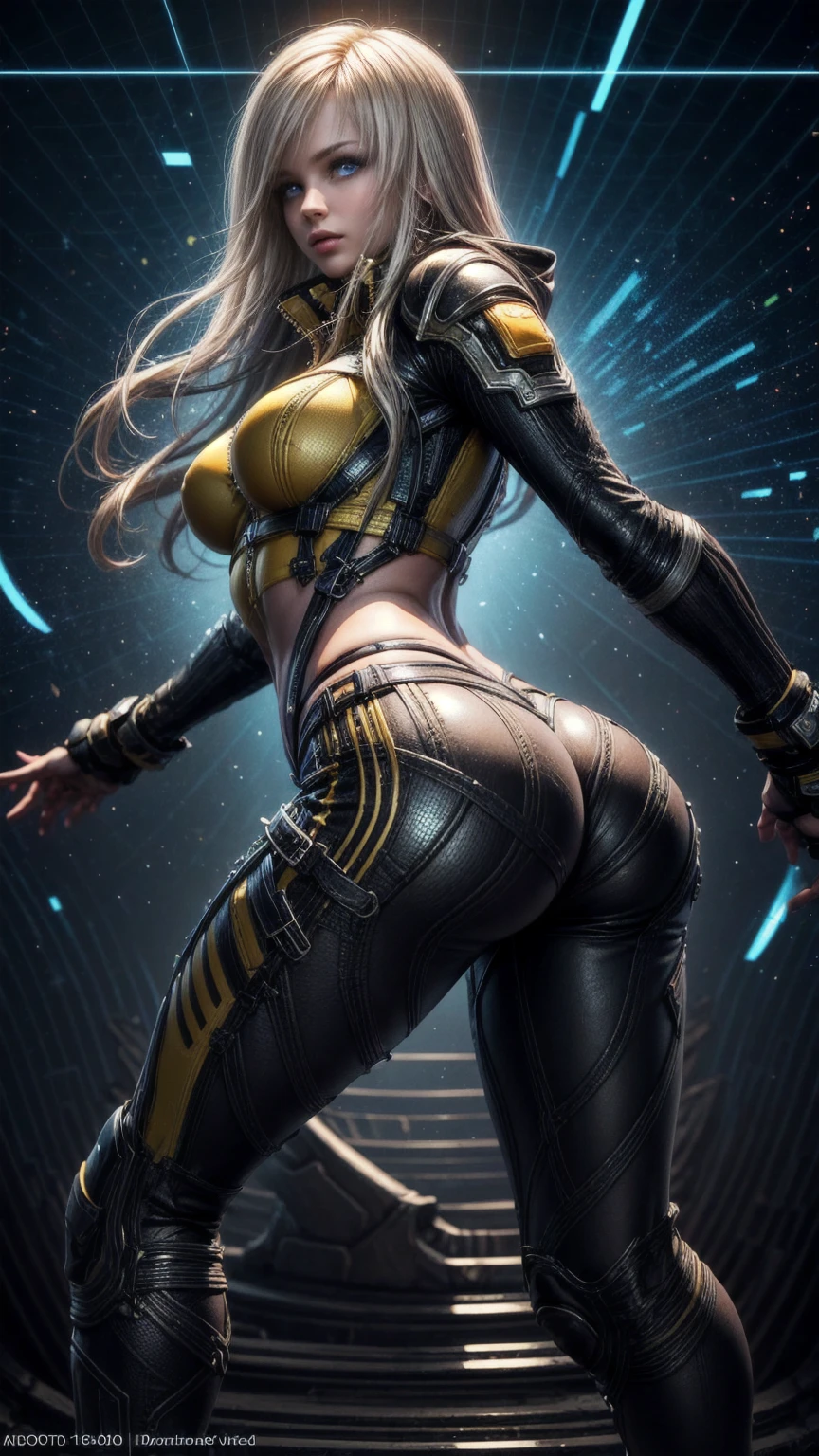 Elena from star ocean 6, long yellow hair in loose sheaf, sapphire blue eyes, (strong glutes), medium bust, skin tight ultra-low-rise leather pants, fitted yellow jacket 3/4 cropped, (black motorcycle boots), holding futuristic weapon, in various fighting poses, highly detailed face, (intricately detailed hands), best hands, ((perfect hands)), correct anatomy, human anatomy, background of vivid colored cosmic swirls, 16k, masterpiece, award winning digital art, strong_negative