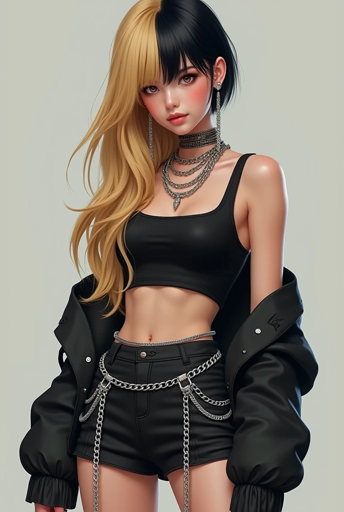 1 girl, half natural blonde with long hair and half black hair with very short hair like a man, brown eyes like clothes a short skirt that reached below her thighs with silver chains , In her ears she had some extravagant earrings and a 3-strand necklace