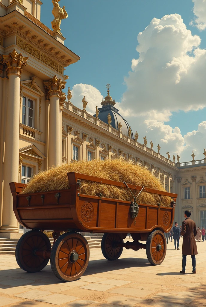 The transport of visible art objects in a Louis Vuitton-style wooden cart wedged with straw at the time of Marie Antoinette on a cart at Versailles