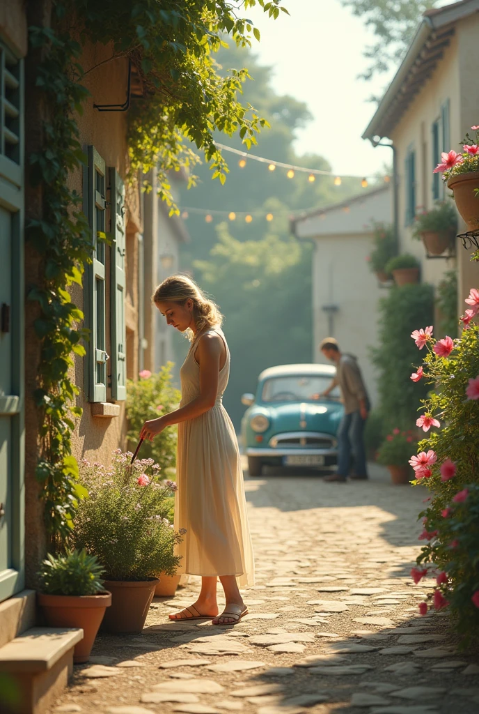 a blonde girl, age 25,  washes the front of the house on a street typical of the villages of Provence. Man changing the tire on his old Renault. Walks towards the viewer. Flower boxes in houses .Filtro Foggy, David Hamilton Style.