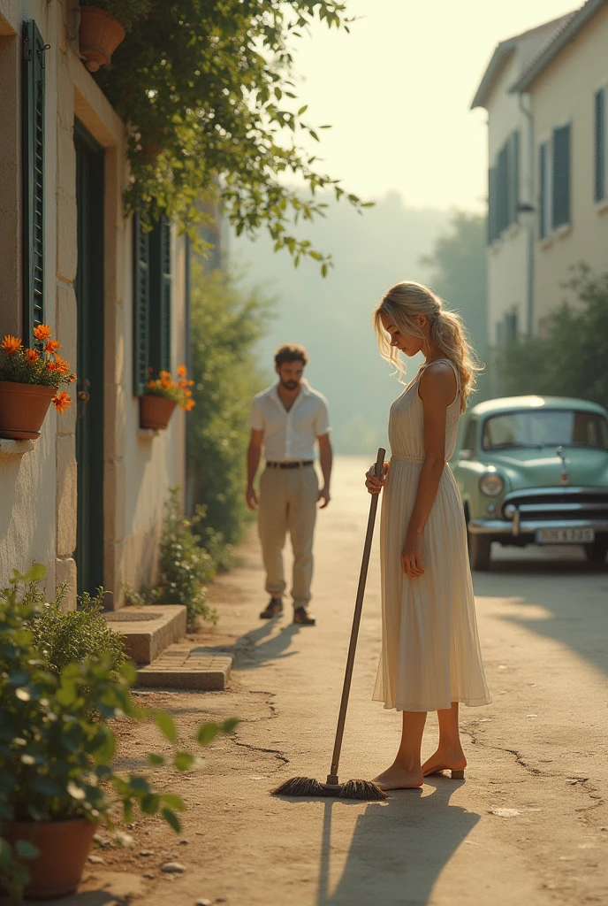 a blonde girl, age 25,  washes the front of the house on a street typical of the villages of Provence. Man changing the tire on his old Renault. Walks towards the viewer. Flower boxes in houses .Filtro Foggy, David Hamilton Style.