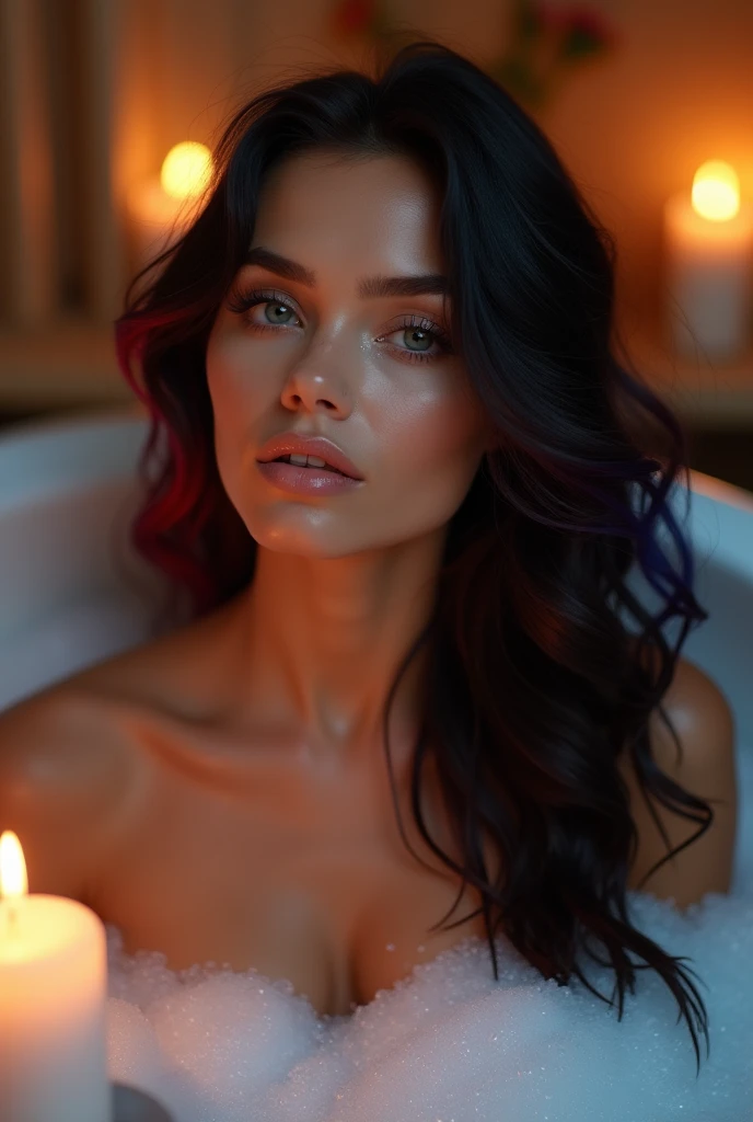 8k full view in the bath with bubbles, candles and calming lights Full view  8k southern tanned female with long black wavy hair with red and blue through the tips highlights going through, soft clear skin, blue eyes, long lashes, wearing glittery makeup, 