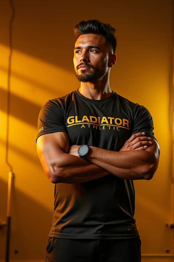 I need a gold-colored image with white letters that has the following information :
"
HELLO WELCOME@ AL TEAM, I am Juan Parra, professional in sport, Personal trainer and creator of the personalized training brand GLADIATOR ATHLETIC.

GLADIATOR ATHLETIC is a training program focused on the principle of individualization and objectives of each person.. With the program you will learn our training methodology and how to lead a healthy life without restrictions to take your body to the next level BENEFITS :
-100% face-to-face training% guided - live training only anywhere in the world - asynchronous training only with a nutritional guide and training videos - nutritional guide based on your goals and tastes - discount on sports supplements"