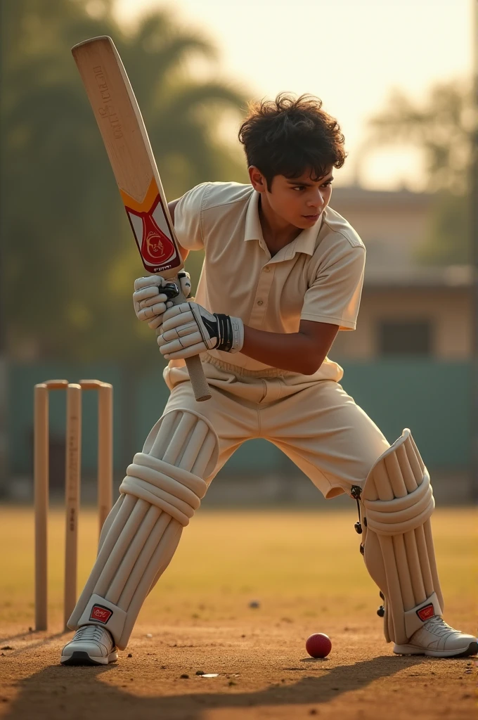 A teenage boy practicing cricket alone in a local playground. The scene shows him intensely focused, batting under the afternoon sun. The background includes empty cricket nets and a few scattered cricket balls, symbolizing his singular dedication to the sport."