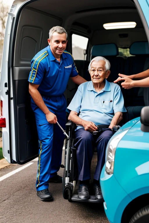 A medicine delivery man with a small car similar to a ambulance delivering the medicine to the home of an elderly person in a wheelchair warm lighting, comfortable and welcoming environment