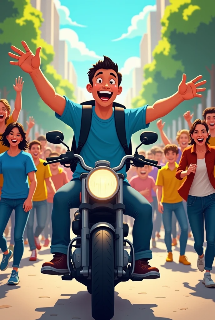 Draw a cartoon of a man with a blue shirt and a black bag on his back, calling people to follow him, riding a motorcycle bros, is to make a crowd of people following, people must wear blue and yellow shirts, men and women
