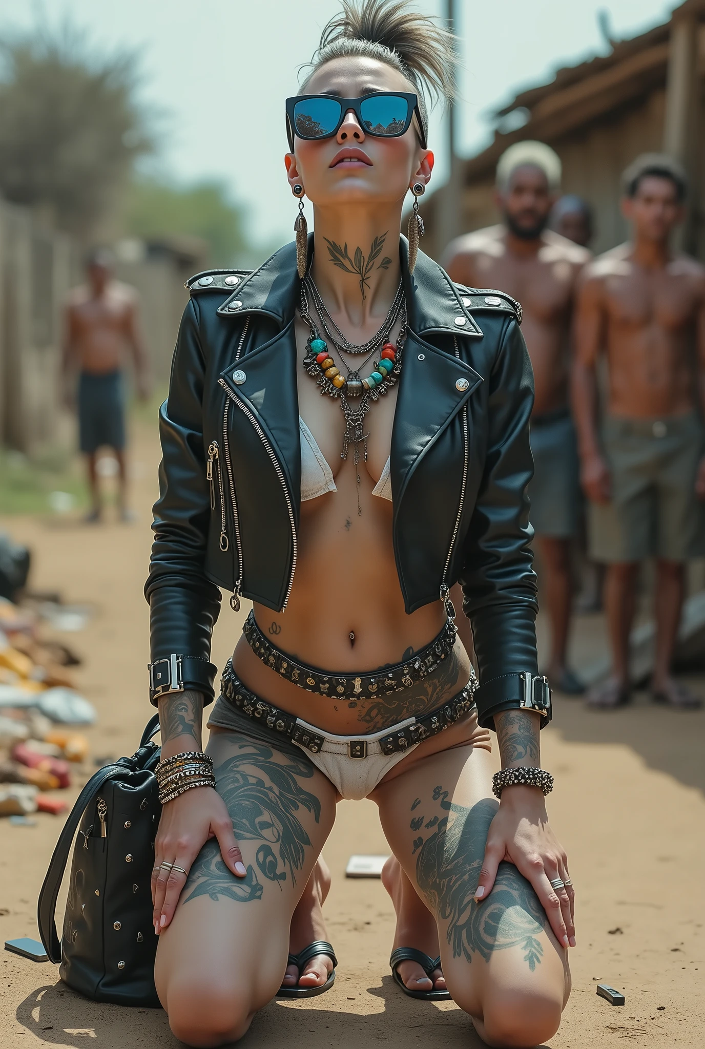 russian milf woman, grey hair (pouf, and top bun and shaved sides) and oversized square maxi sunglasses as headband, with very light blue eyes, extremely pale. Wearing tight aged black cropped moto jacket with lots of zippers and pins; white bikini, flip flops . Chain around hips like belts. Dirty knees and dusty hands. Lots of metallic bracelets, lots of boho pendants and lots of colourful beads collars. Long boho earrings with colourful feathers. Chains around the hips. Squatting, looking up, chin up, stretching her neck , humble facial expression. Hands on her knees, showing off bracelets and rings. studded black leather tote bag with chain on the floor, next to her.. Listening looking up in amazement to somebody speaking to her from above, well toned abdominals, thin neck, slim legs and thin arms. Narrow hips Cleavage, stomach, neck, tigh and hands completely covered with tattoos. Dirt street in Kenyan village full of waste. A lot of tanned shirtless fat men in jeans around looking at her. next to her, all her belongings scattered on the floor: tobacco packs, makeup kit, little makeup mirror, studded black leather tote bag, lipstick, wallet, moble etc on the floor