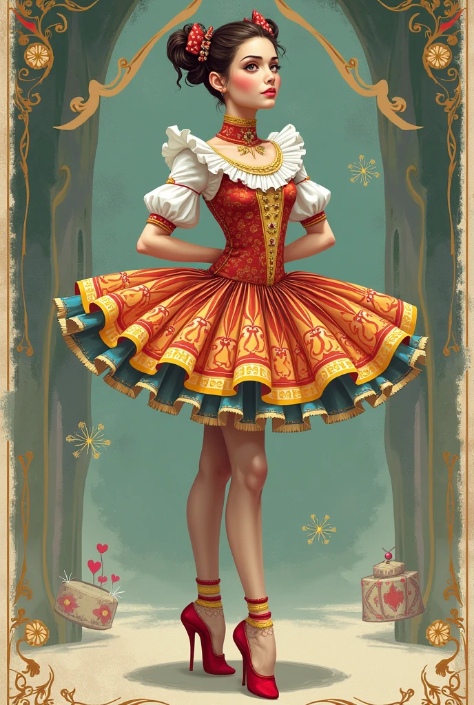 I want an illustration of a ballet tutu or an alternative ballet costume for the "toys" from act 1 of The Nutcracker. Let it be a harlequin of the time
