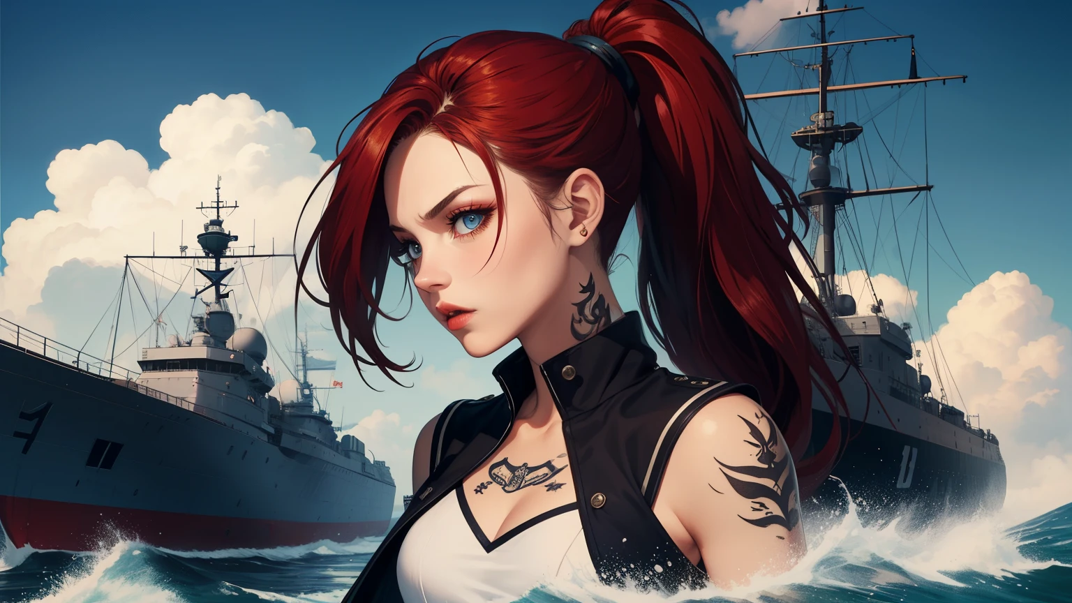 Hot young woman, long red hair, ponytail, admiral's uniform, many nautical tattoos, black make-up, high boots, high quality, best quality, high details, blue eyes, perfect body, warship in backround, navy, cannons fire, masterpiece, multilayer, angry eyes,