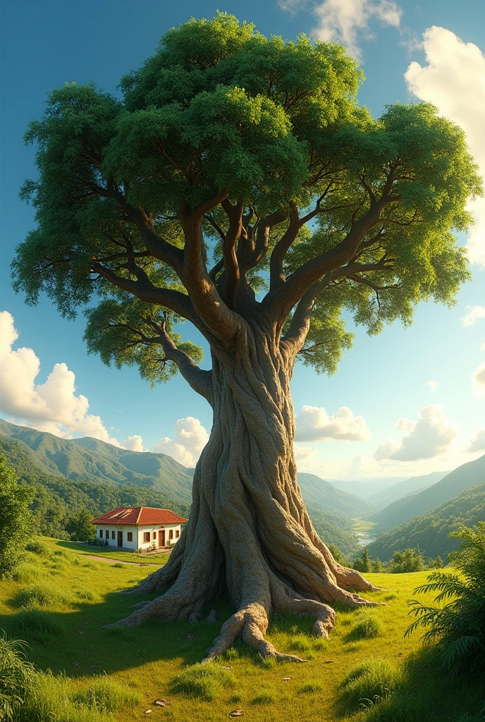 a 360 image pixar animation style of a big wide and tall amate tree in the middle of El Salvador`s country side near by country town colonial one floor house, sunny day