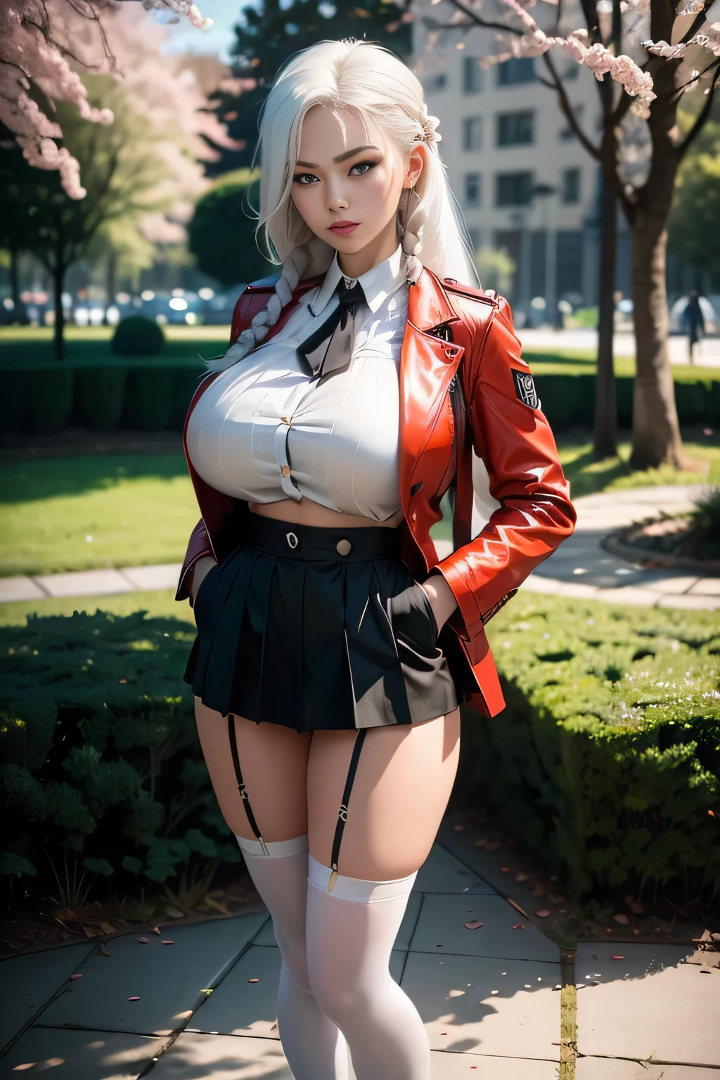 sfw, (Long white hair, Braided in two braids: 1.4), ((sharp jawline)) Red detailed eyes, eyes by Ilya Kuvshinov style, Sharp pupils, Realistic pupils, , ((Very muscular body with perky tits)), An evil expression on his face, (red jacket, white shirt with black tie, black pleated skirt with knee-length stockings, High-heeledshoes: 1.3), stands sideways hands in pockets, Sexy, Realistic, photoshooting, Professional, High contrast, Photo for the cover of the magazine, dutch angle, On the lawn in the park where cherry blossoms, wearing bra,((skinny waist)), young asian girl, ((big breasted)),