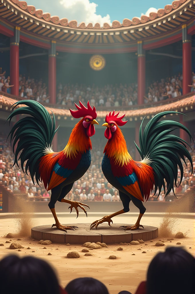 Create an image of two roosters fighting in a cockpit and many people cheering them on in the stands