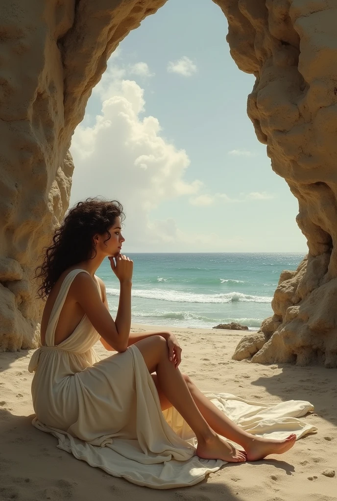 The image depicts a painting of a woman in a natural setting. The woman is lying on her side on a piece of cloth, with her head resting on her hand. She has curly hair and is gazing out towards the sea. The setting is a rocky outcrop with a large archway leading to the sea. The colors in the painting are muted with a lot of browns and earth tones, and the overall mood is one of calm and contemplation.