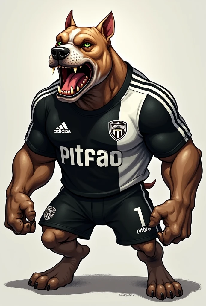 Create a humanoid angry Pitbull with a black and white Botafogo team shirt, improved