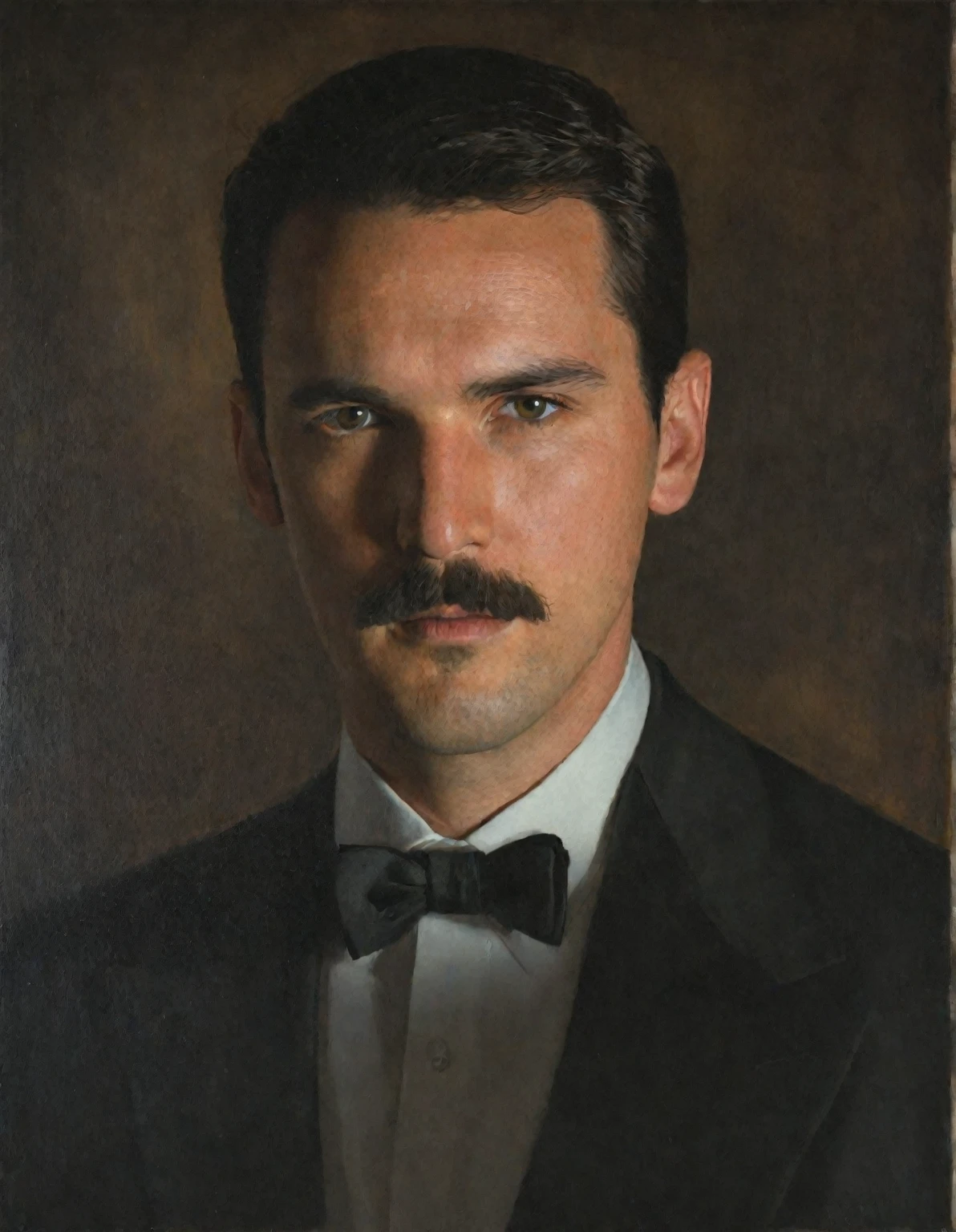 The image is a portrait of a man's face. The man appears to be in his late twenties or early thirties, with dark hair and a mustache. He is wearing a black tuxedo with a white shirt and a black bow tie. The background is a dark brown color, and the man is looking directly at the camera with a serious expression. The painting is done in a realistic style, 