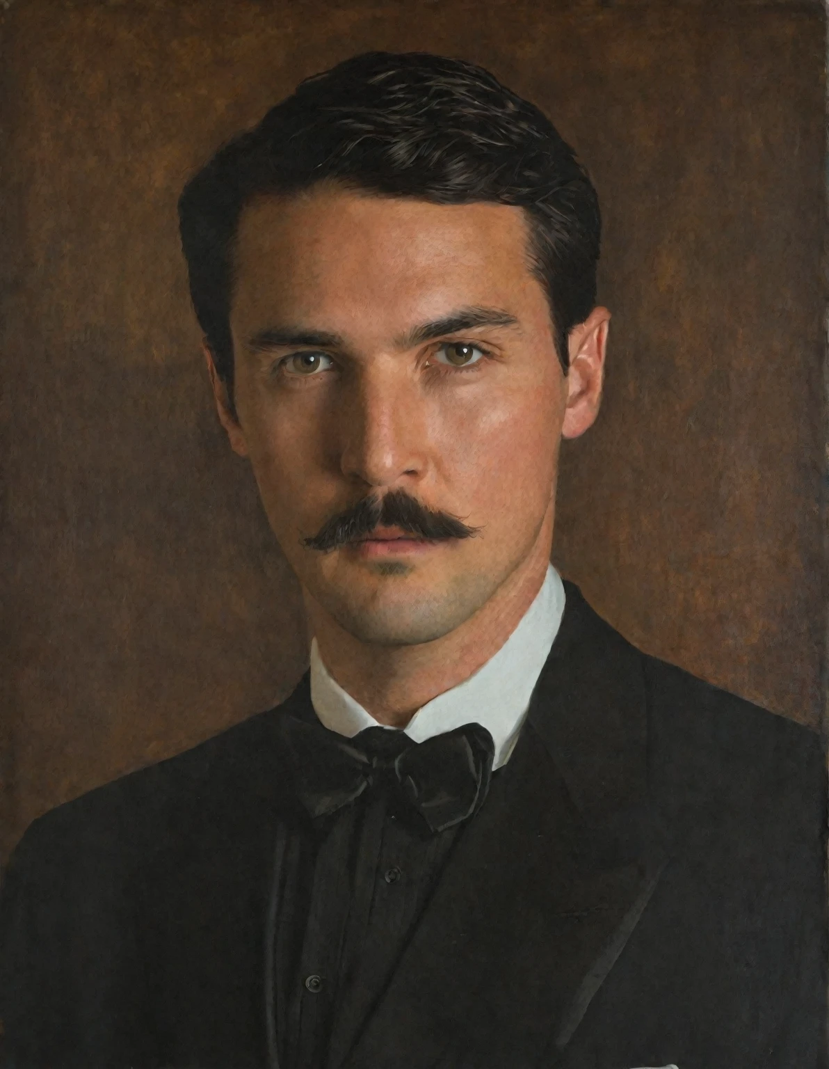The image is a portrait of a man's face. The man appears to be in his late twenties or early thirties, with dark hair and a mustache. He is wearing a black tuxedo with a white shirt and a black bow tie. The background is a dark brown color, and the man is looking directly at the camera with a serious expression. The painting is done in a realistic style,
