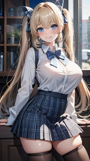Blonde,Long twin tails,Very curled hair,Blue ribbon,Bright blue eyes,freckles,Big Breasts,ager,Gray tartan skirt, Skin-tight clothing, smile,Close one eye