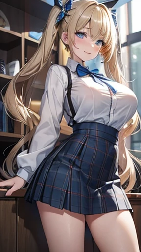 Blonde,Long twin tails,Very curled hair,Blue ribbon,Bright blue eyes,freckles,Big Breasts,teenager,Gray tartan skirt, Skin-tight clothing, smile,Close one eye