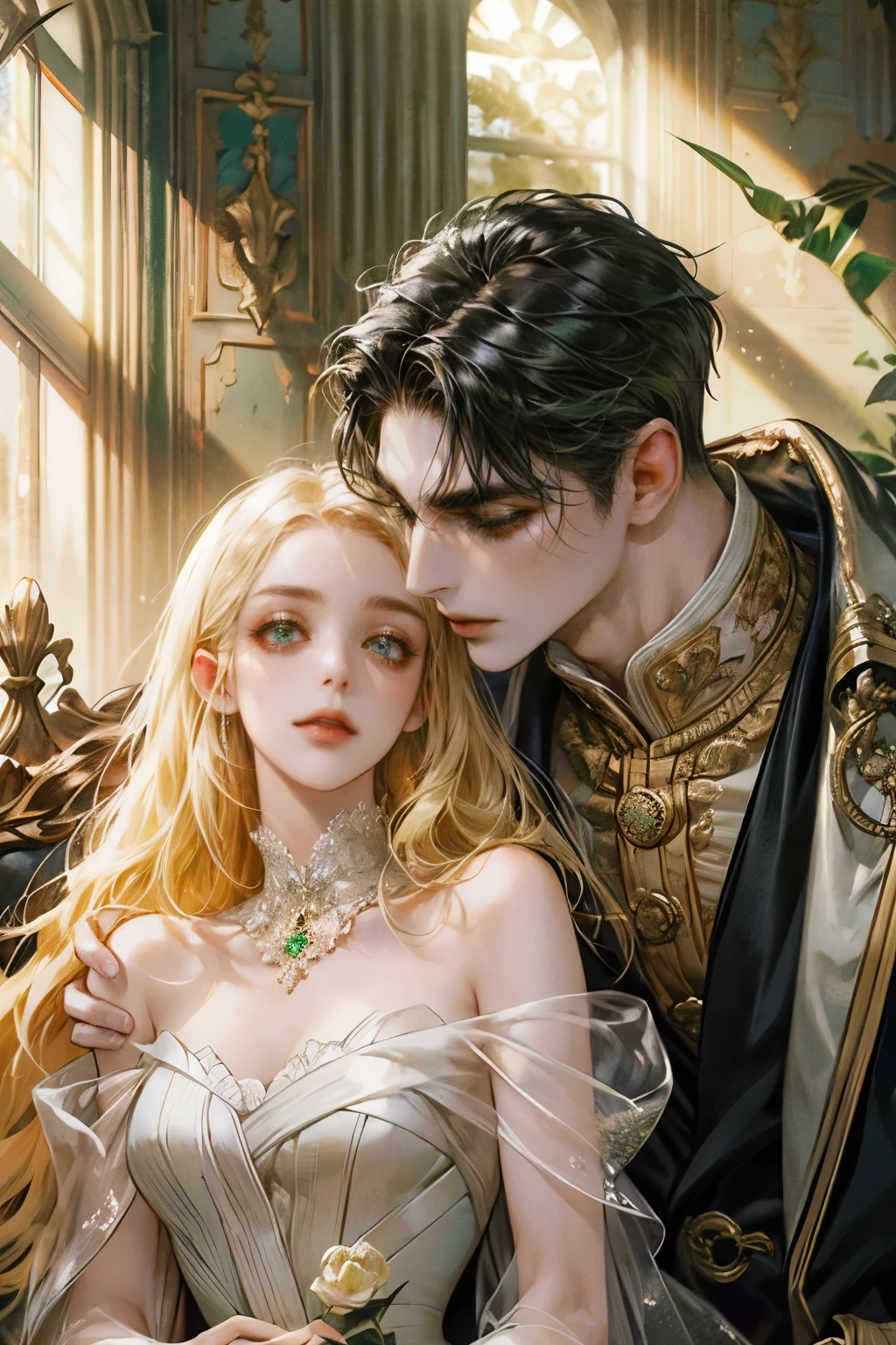 8k, complex, elegant, Very detailed, majestic, digital photography, surreal painting, victorian mansion, palace, detailed background, clear sky, beige mansion, (masterpiece, side light, fine and beautiful eyes: 1.2), HdR, (ojos verde brights)), victorian dress, ( bright), elegant girl, cana, musculature, White skin, elegant, in front of the camera, masterpiece, different hair colors, BLACK-haired MAN black hair. WOMAN WITH LONG BLONDE HAIR Cascading Down Her Shoulders. notable height difference, thin girl, robust muscular boy, wide shoulders, muscles, manly mature face, half body, snow