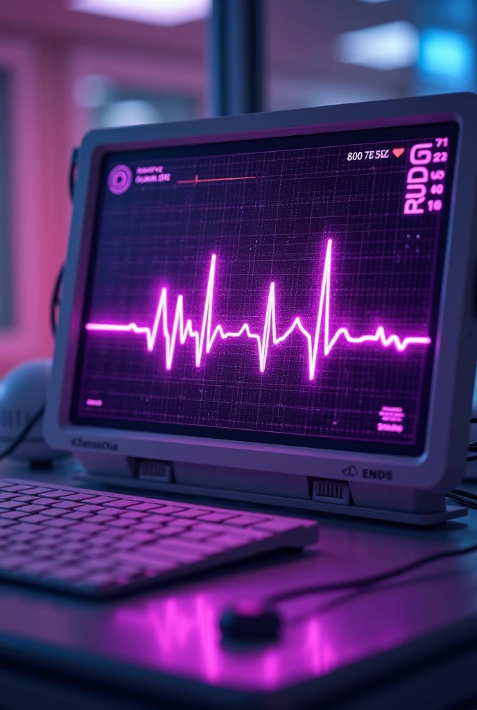 An ECG line of a heartbeat but Instead of the beat it shows the name “DJN3” in capital letters inside of the wave with a violett vibe and there’s much going on and it’s on the screen of the ECG-device inside of a hospital in a retro style and the line of the ECG-device goes through the whole picture