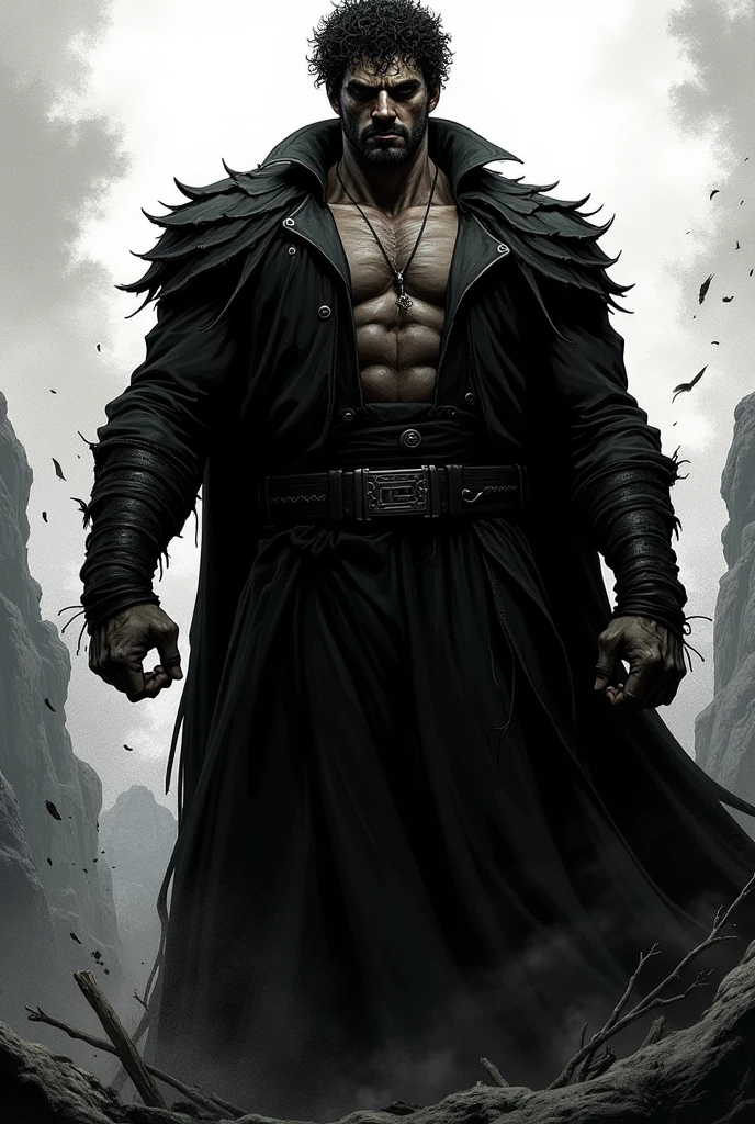 a brown executioner, tall in stature, with black and curly hair, broad shoulders getting stressed,  with manga art, in hatching, black andwhite

