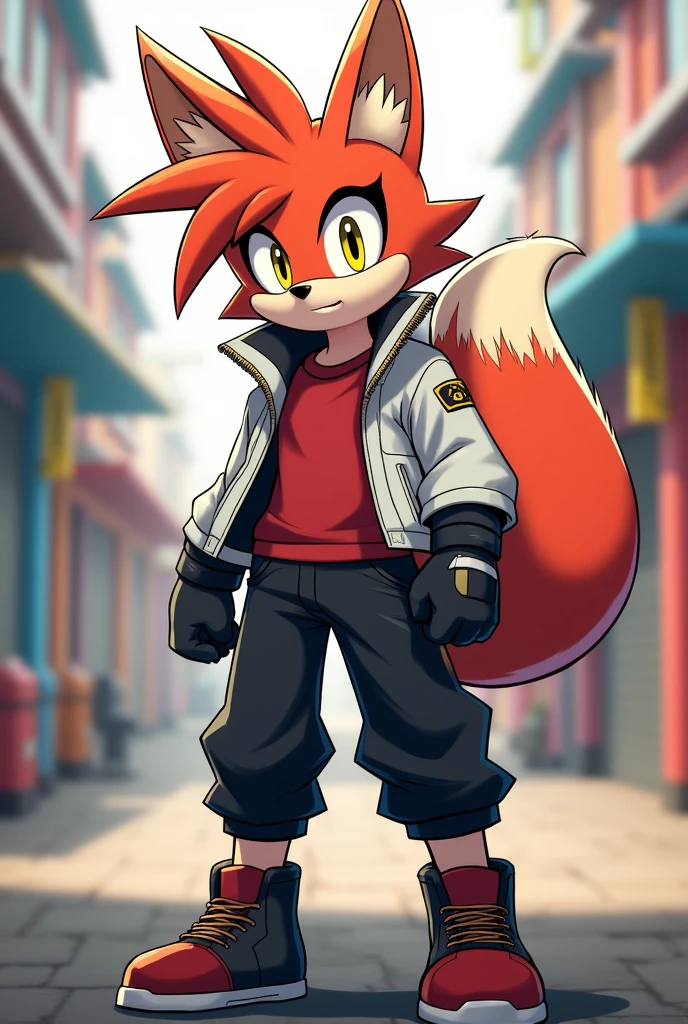 Create a Kitsune with half white and half red hair, with a ponytail, with fringe on the left side, yellow eyes, eyes large, humanoid, with ears and 9 tails,in the form of a Sonic-style character, o nome dele é Kito Kaiiatsubaky, Men's White Windbreaker Jacket with Red Shirt, black pants and men's black boots,with gloves, Personalidade: always cheerful and lively and willing to protect his friends and companions.