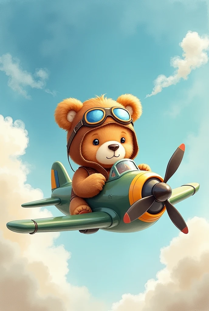 Baby aviator teddy bear flying the plane among the clouds in 4k in blue, green and beige watercolor colors