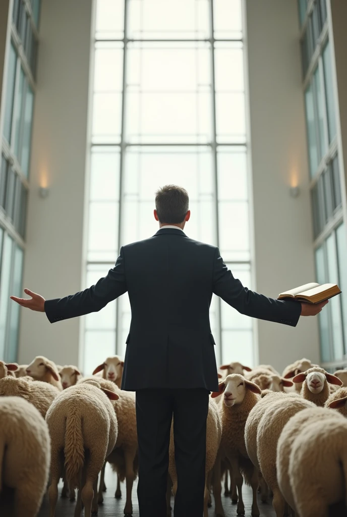 Create an image of a pastor in a suit with open arms and a Bible in his hand in an evangelical church, herding sheep in a very modern place, with modern architecture