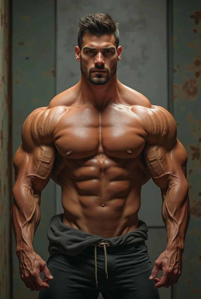 An extremely handsome man with extremely muscular body and extremely giant bouncy pecs.