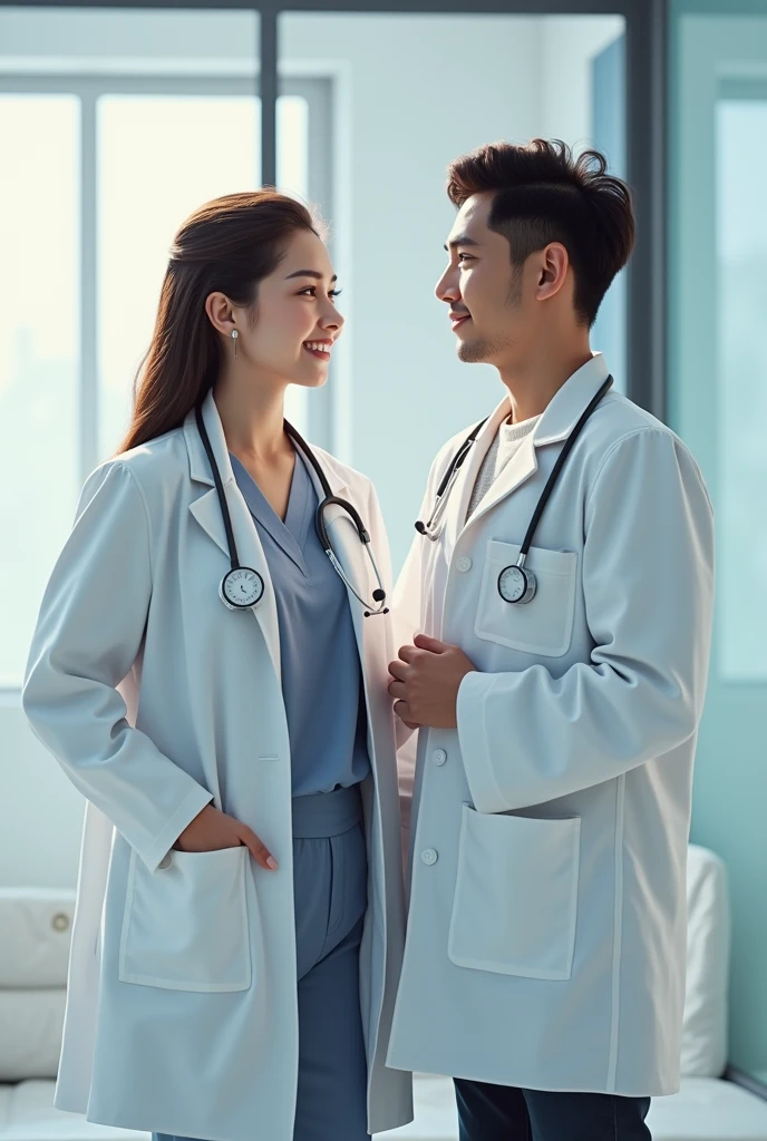 Dr girl with white coat and stethoscope with boy friend 
