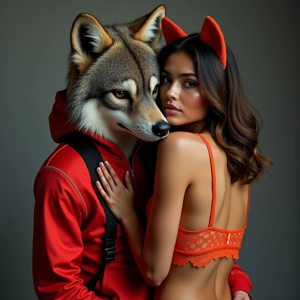 man in wolf mask wearing Gucci sportswear, hugging 1 latina woman, orange lingerie, fox ears in photo studio 