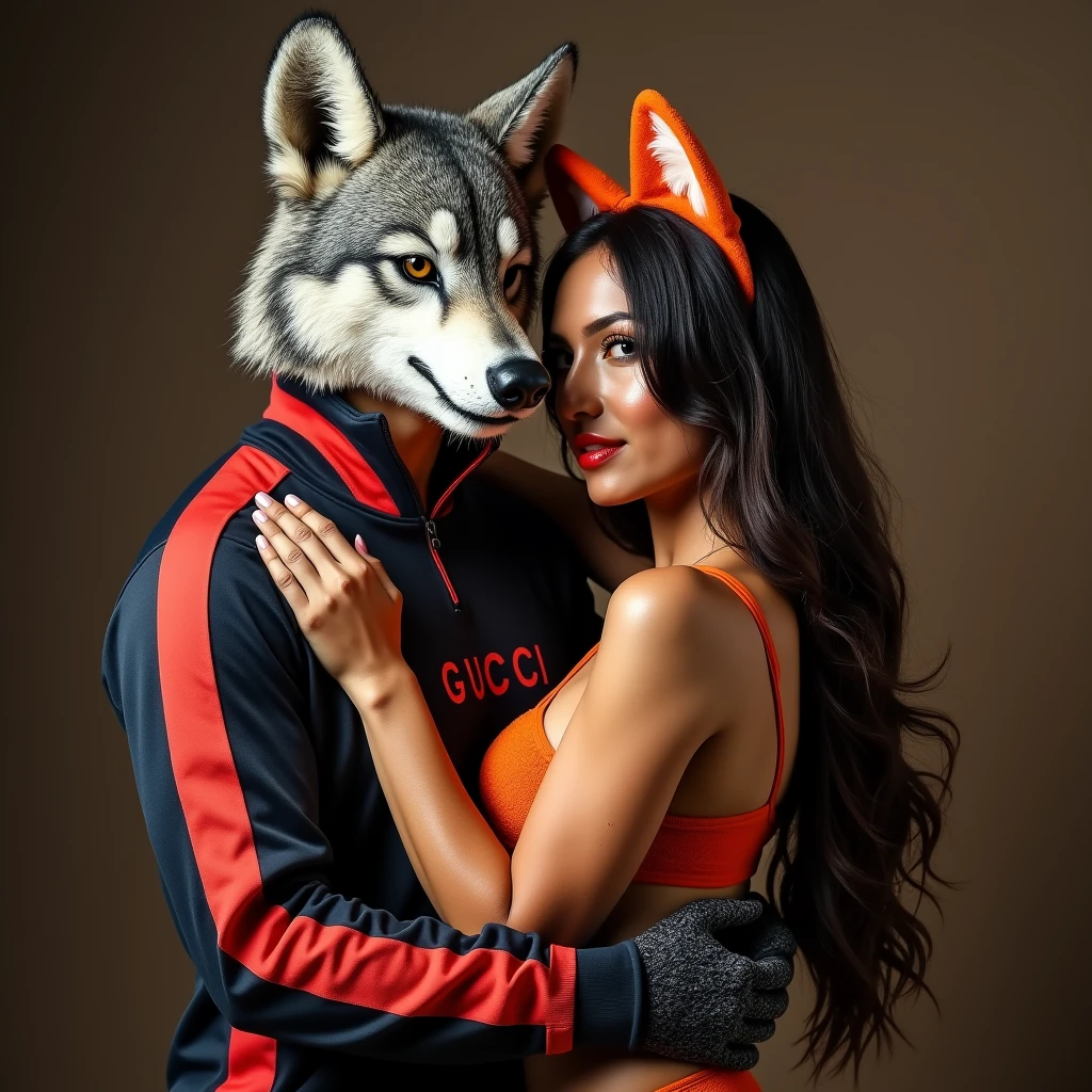 man in wolf mask wearing Gucci sportswear, hugging 1 latina woman, orange lingerie, fox ears in photo studio 