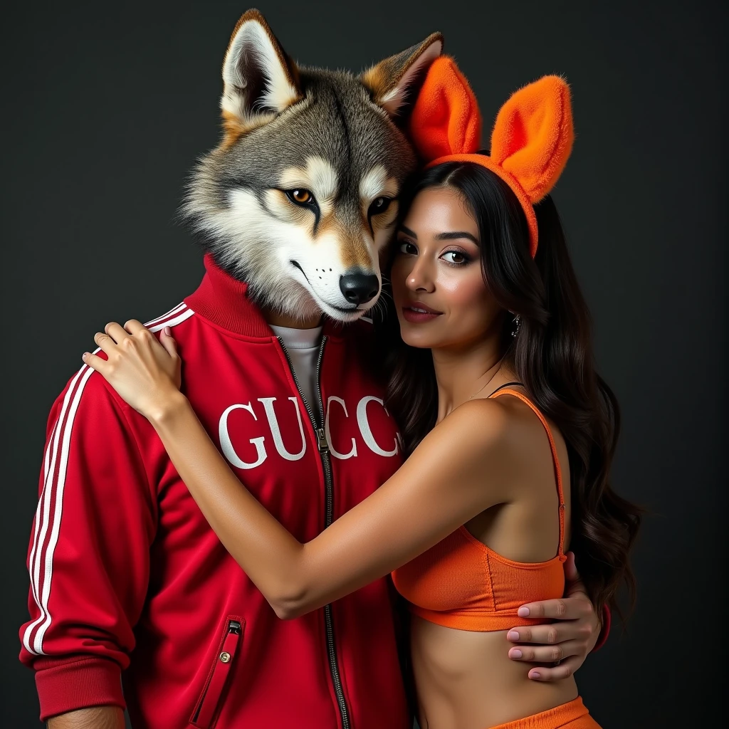 man in wolf mask wearing Gucci sportswear, hugging 1 latina woman, orange lingerie, fox ears in photo studio