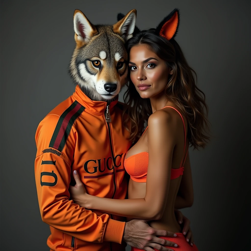 man in wolf mask wearing Gucci sportswear, hugging 1 latina woman, orange lingerie, fox ears in photo studio