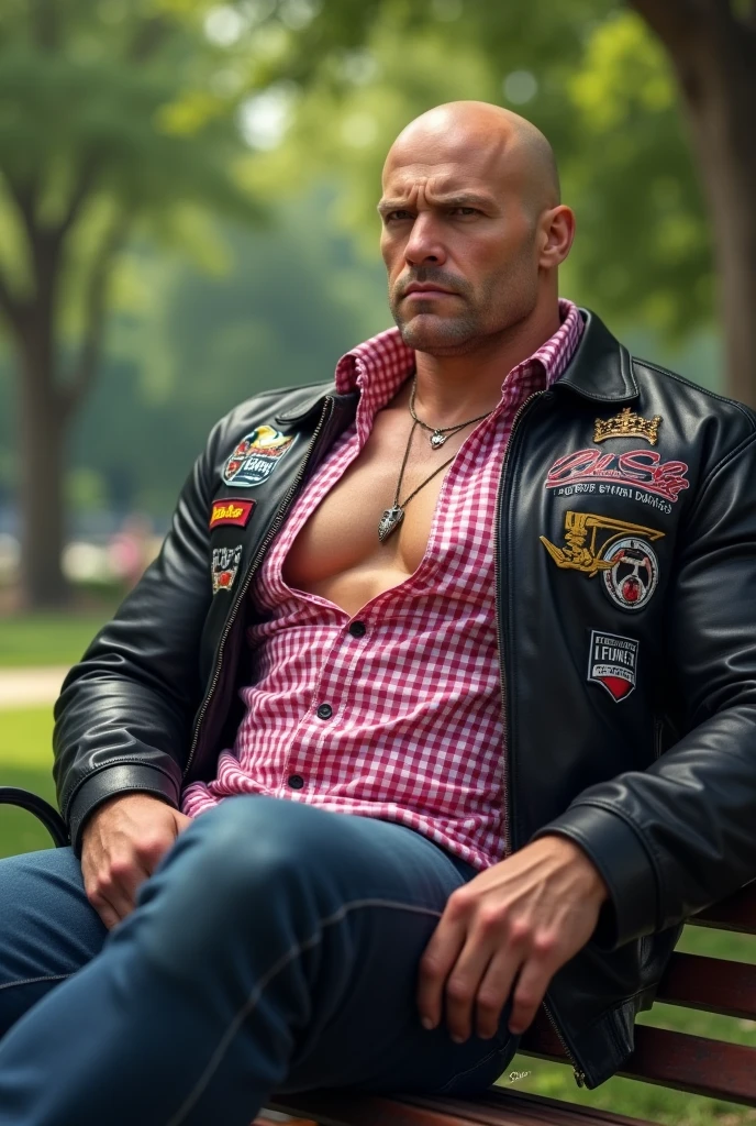 Big body builder white bald men wearing unbuttoned pink double pocket check shirt and black leather jacket with logos in park on bench